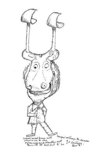 Cartoon sketch of figure in a suit with a bull's head