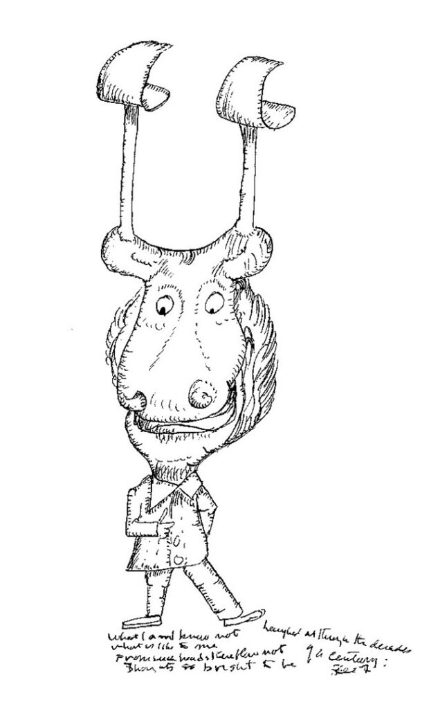 Cartoon sketch of figure in a suit with a bull's head