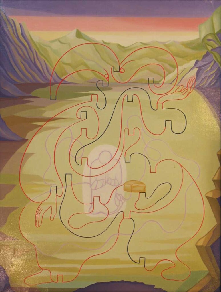 Abstract painting of pale figure praying among spirit lines in a desert landscape